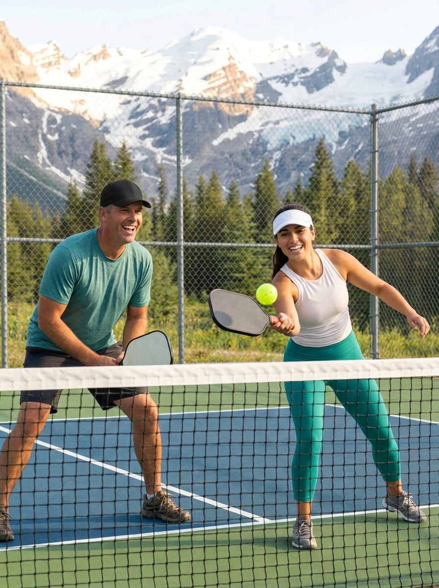 Active couple enjoying pickleball together outdoors in Montana