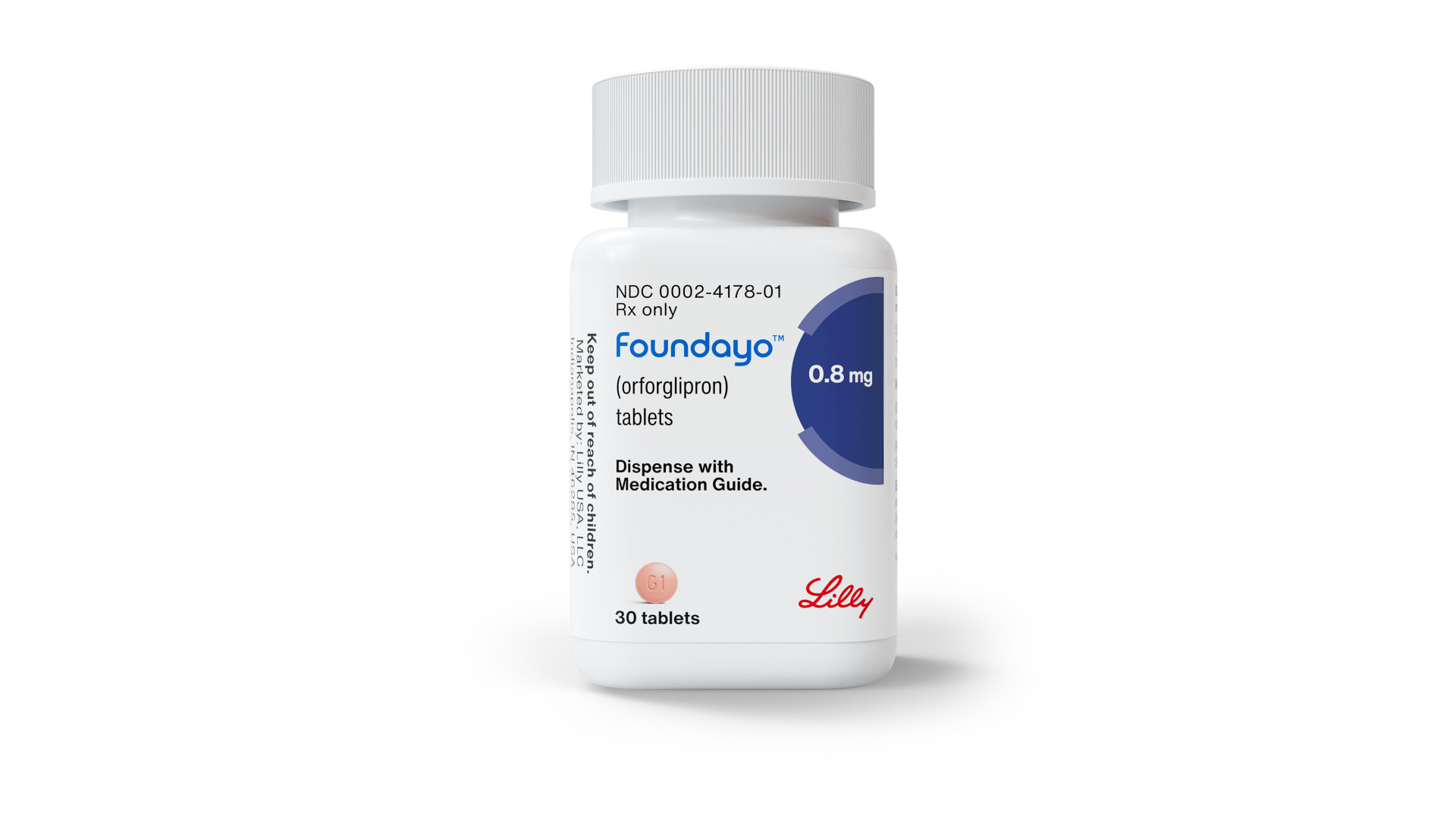 Approved product photo of a Foundayo tablet bottle